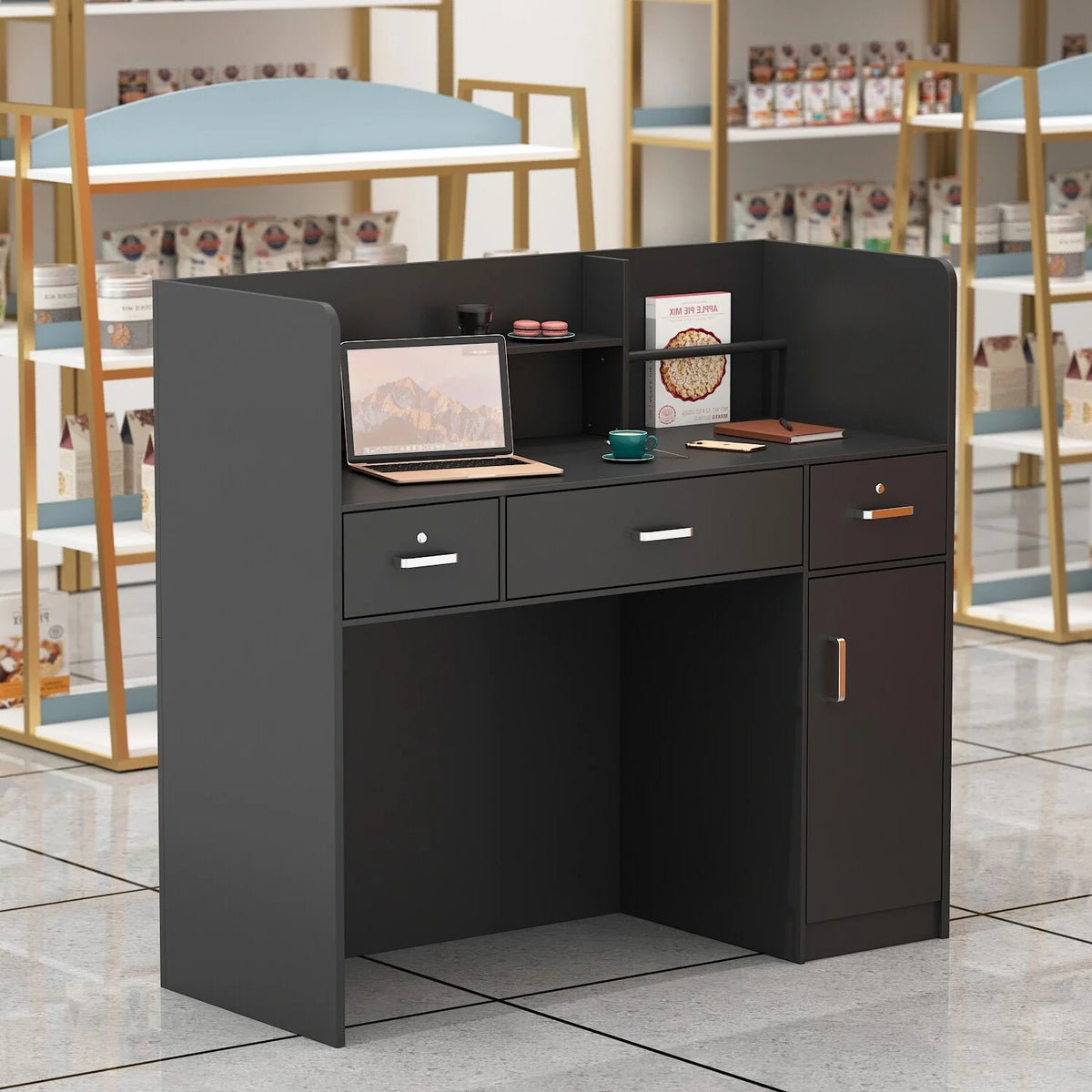 47.2"L Reception Counter Desk with Lockable Drawers, Black K87511