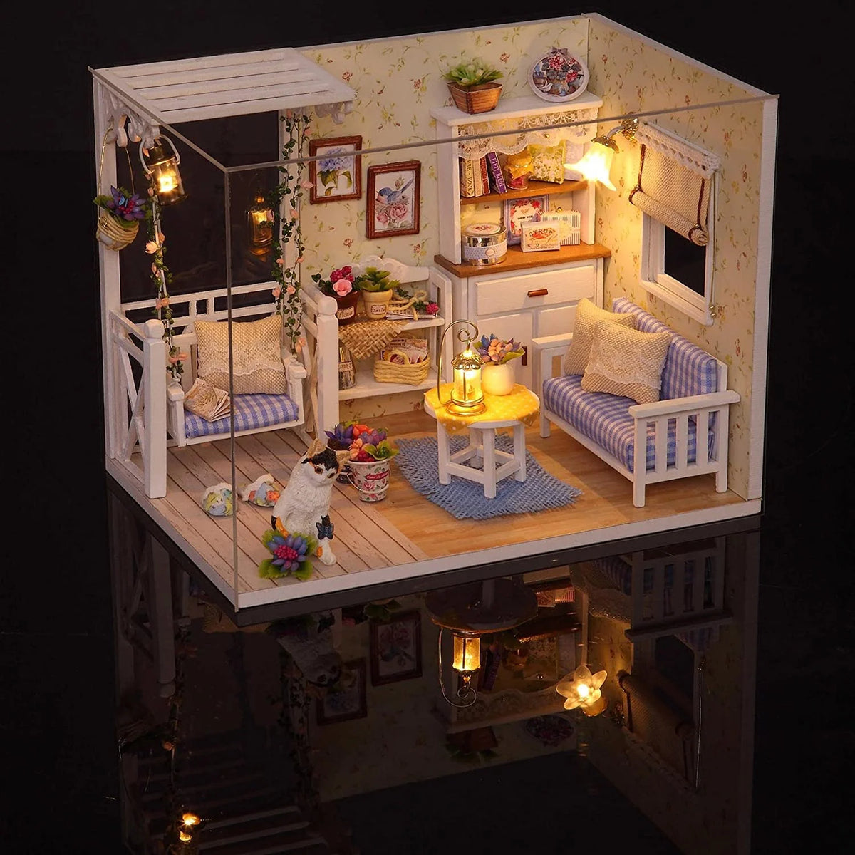 Wooden Dollhouse Miniatures DIY House Kit with Led Light A618751