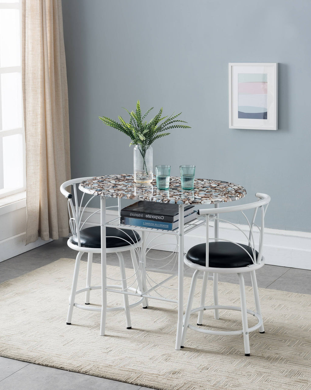 3 Piece Pub Set White Metal Frame Wood Top Table with Storage 2 Faux Leather Stools R430368