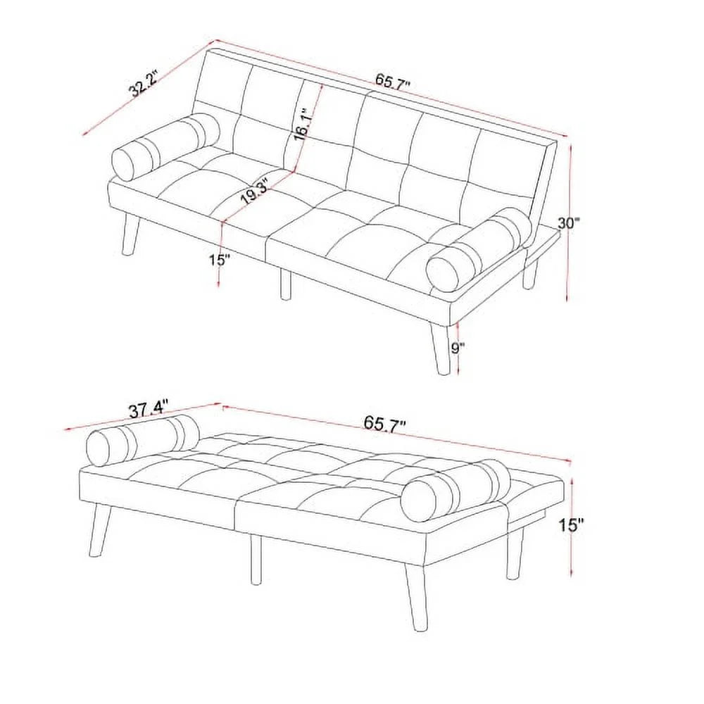 Ivory Linen Convertible Sofa Bed Futon with Solid Wood Legs M727