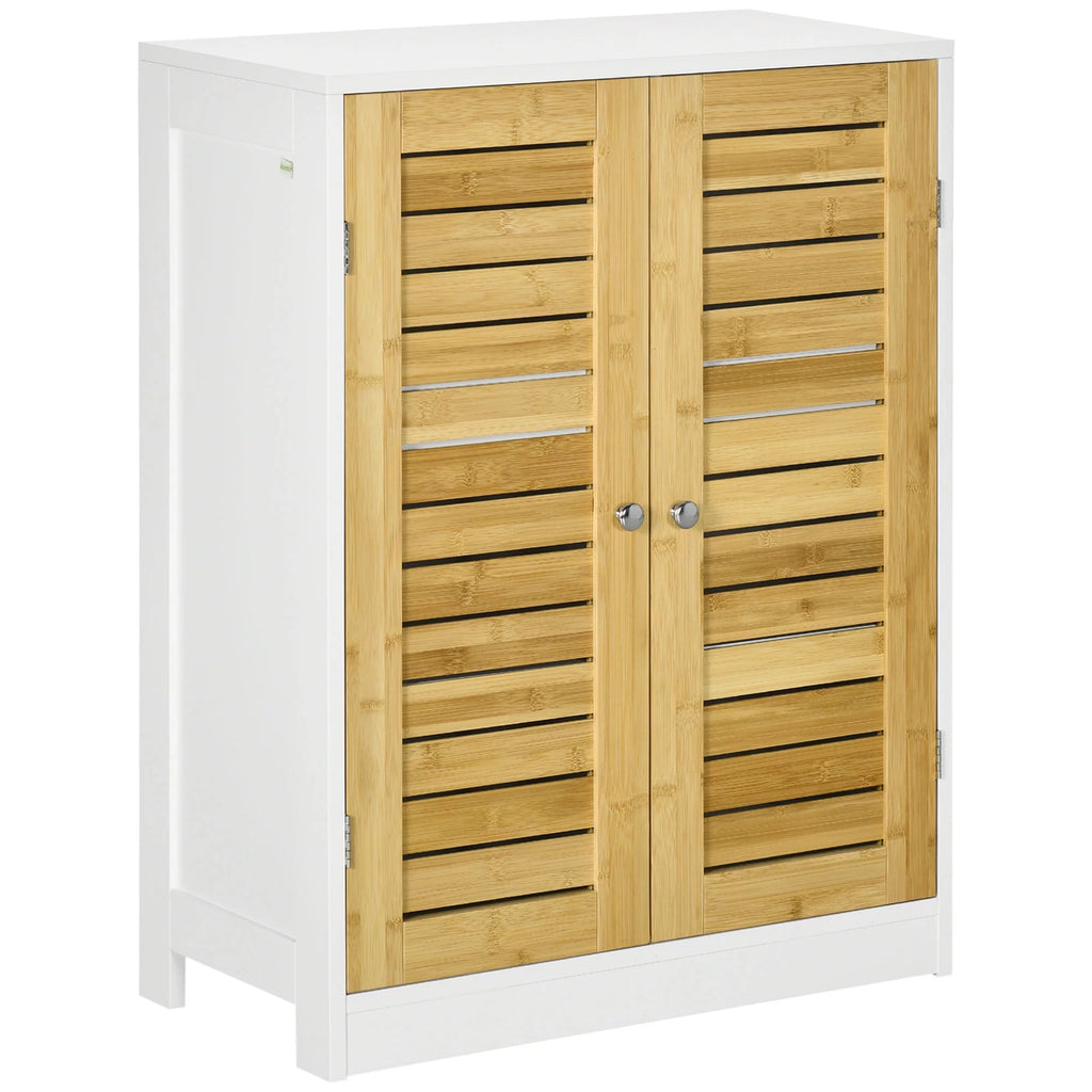 Bathroom Floor Cabinet with Bamboo Doors, Adjustable Shelves, White and Natural Z425