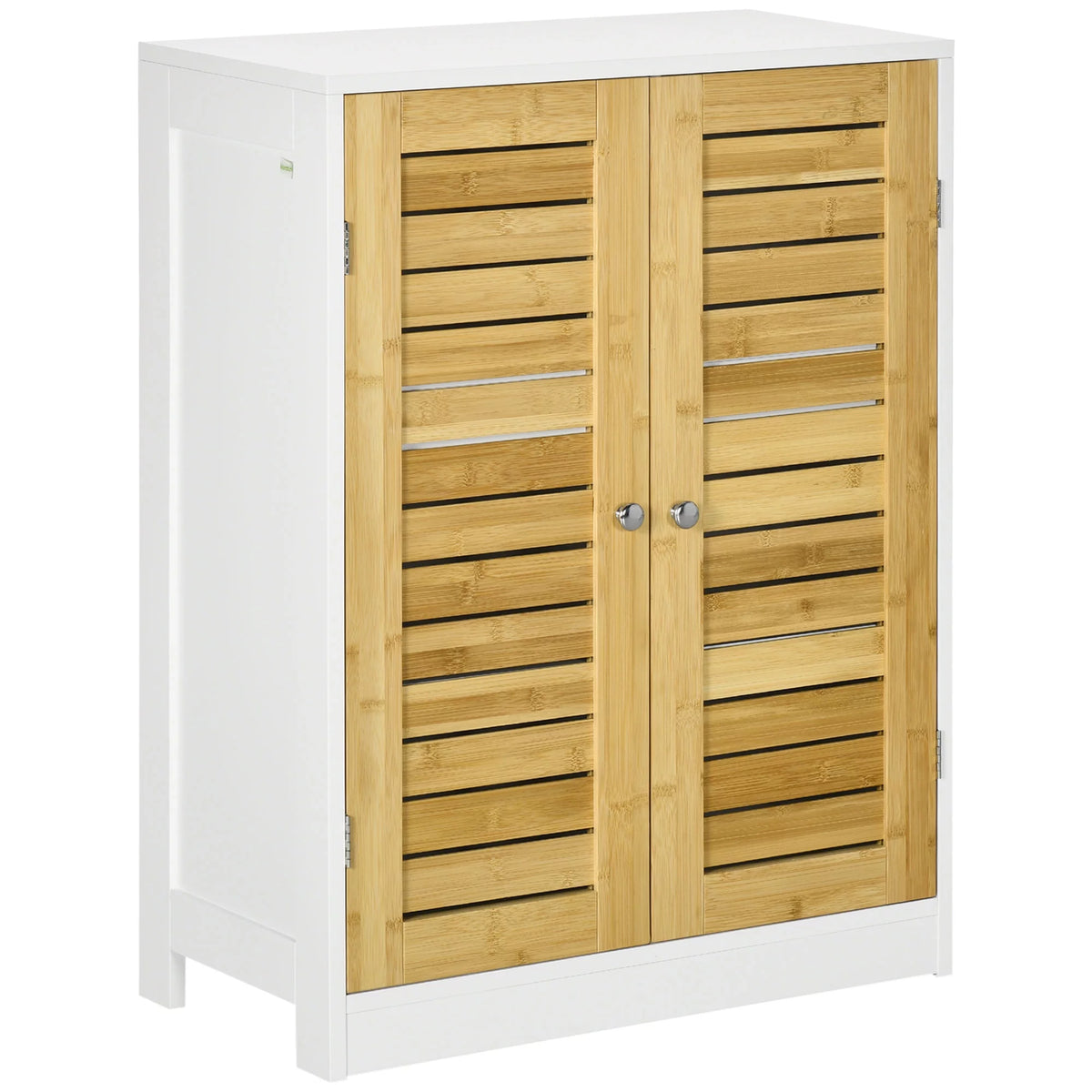 Bathroom Floor Cabinet with Bamboo Doors, Adjustable Shelves, White and Natural Z425