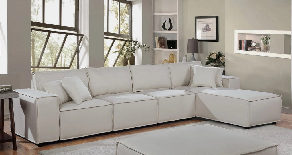 Cream Beige Linen Sofa with Reversible Chaise I327904