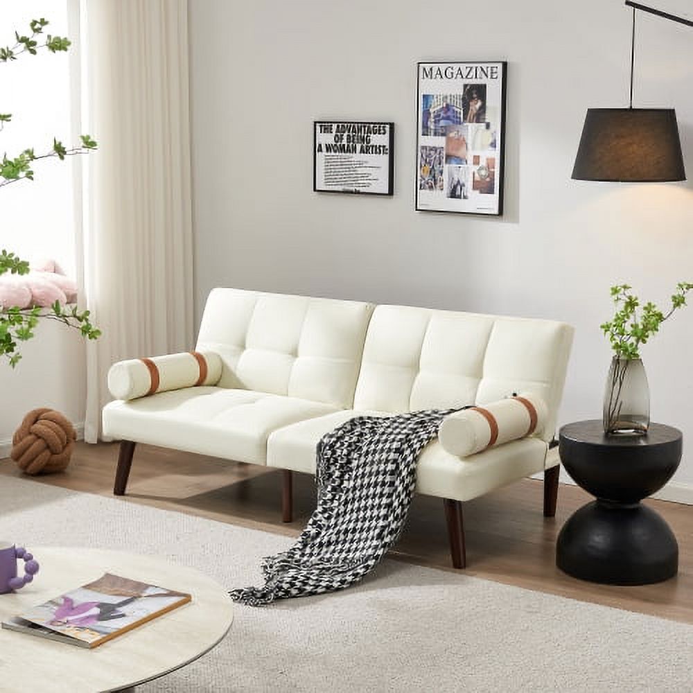 Ivory Linen Convertible Sofa Bed Futon with Solid Wood Legs M727