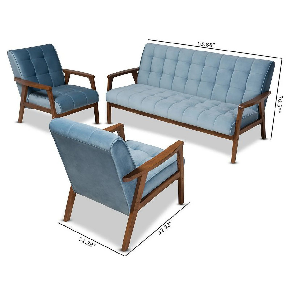 Light Blue Velvet Upholstered Wood 3-Piece Living Room Set O98288