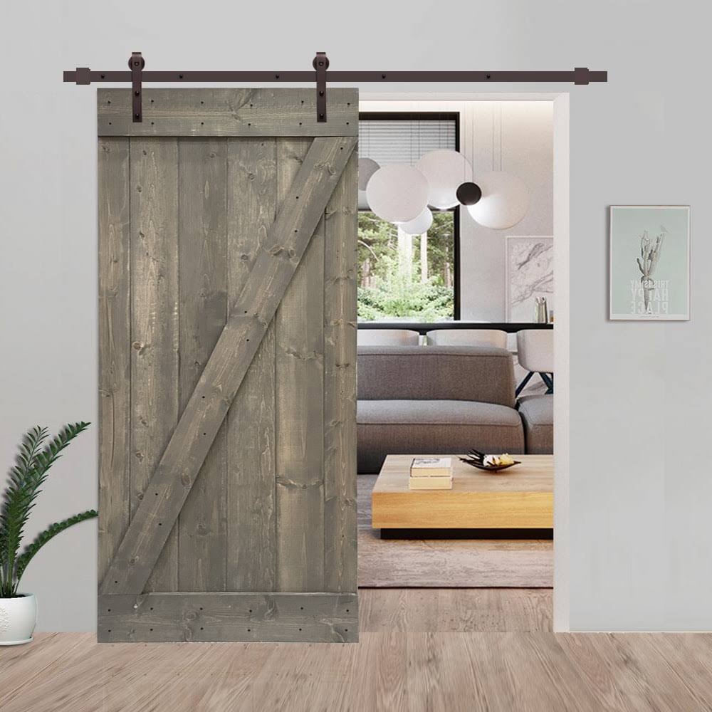 Weather Gray Solid Knotty Pine Wood Interior Sliding Barn Door with Hardware Kit S7865