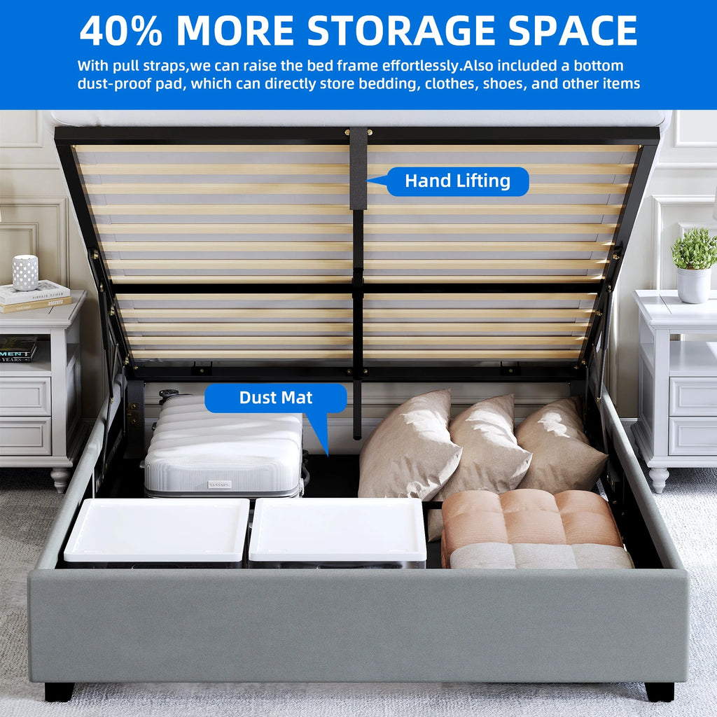 King Lift Up Storage Velvet Upholstered Platform Bed Frame N4646