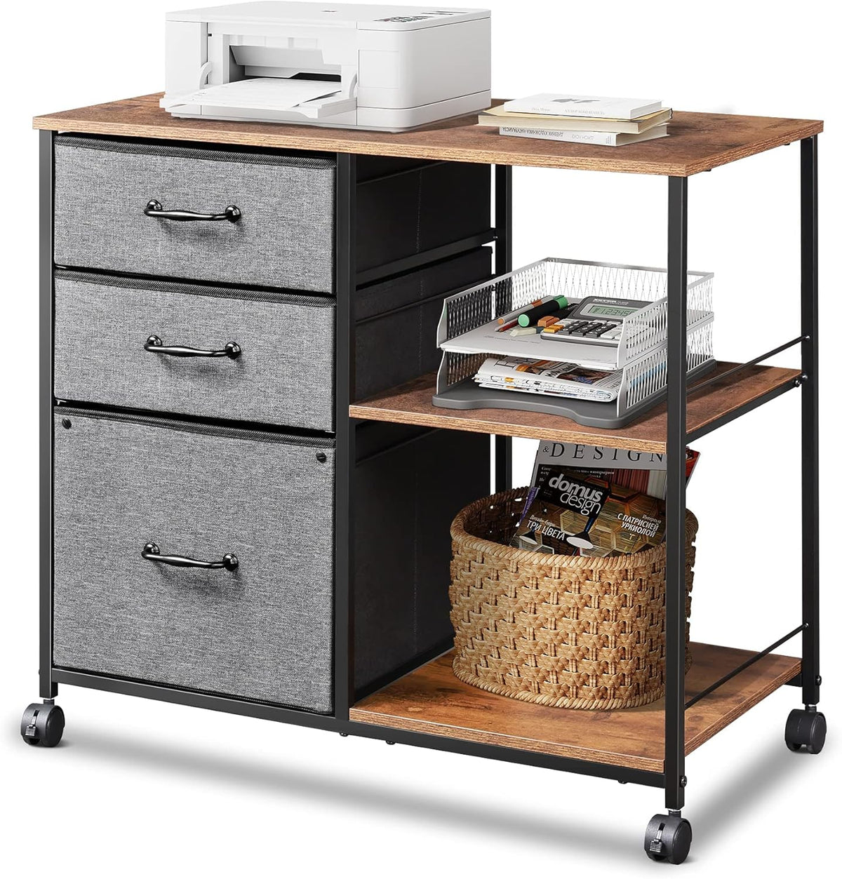 Rustic Brown 3 Drawer Mobile File Cabinet with Open Storage Shelf W728