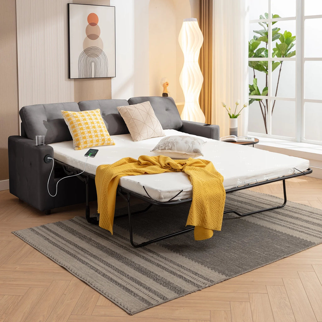 Queen Size Pull Out Sofa Bed with 2 Cup Holders and Dual USB Z716023