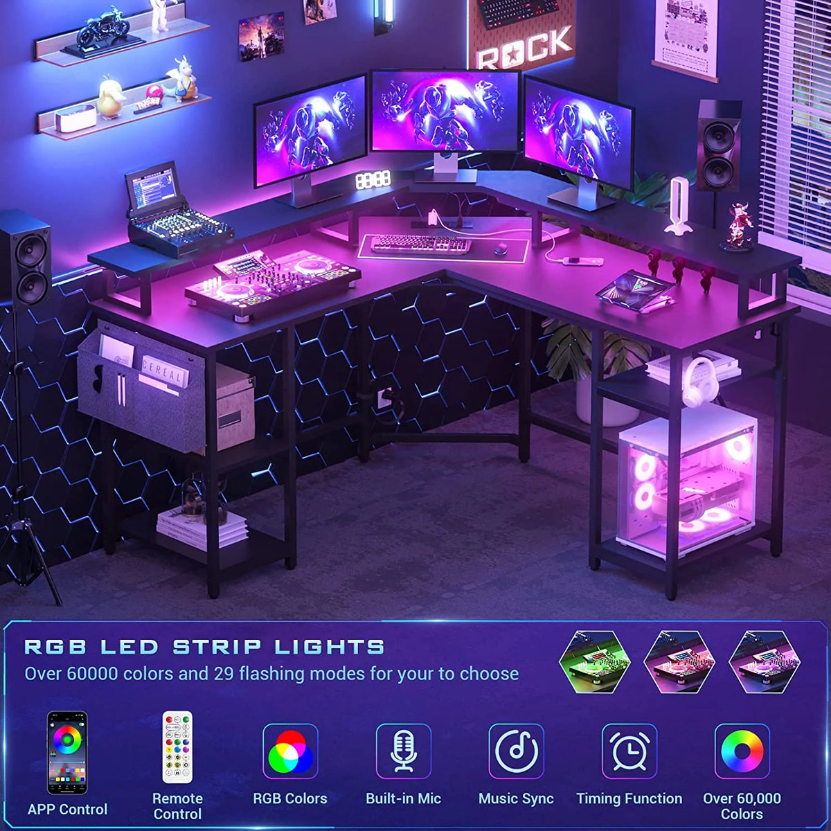 Black L Shaped Computer Desk with Power Outlet and LED Light A9311