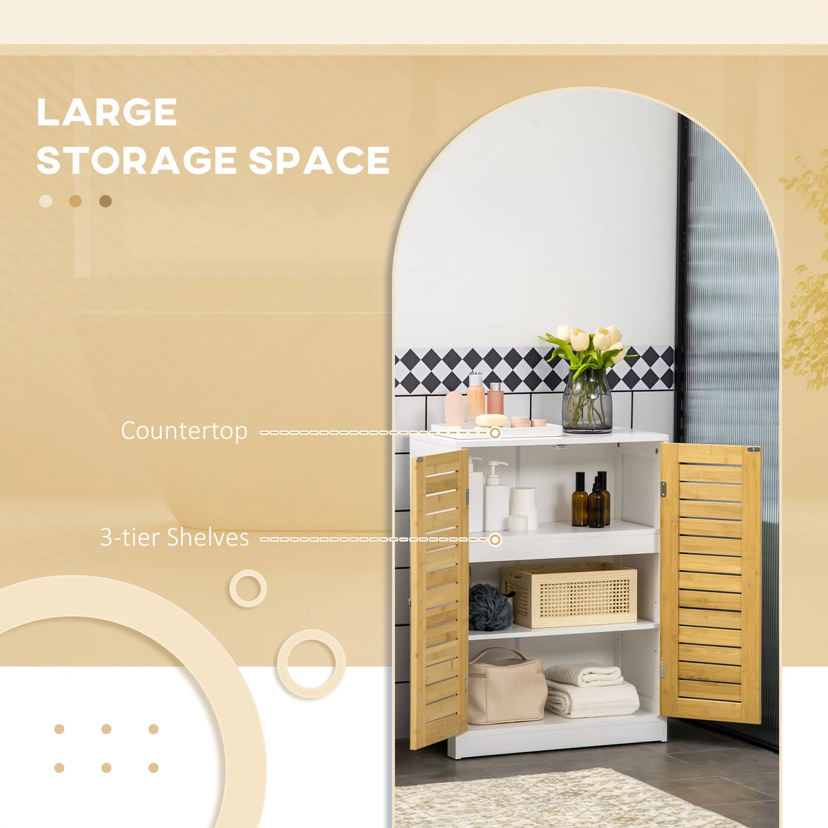 Bathroom Floor Cabinet with Bamboo Doors, Adjustable Shelves, White and Natural Z425