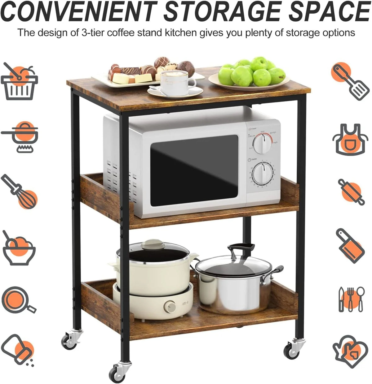 3-Tier Kitchen Utility Storage Cart with Rolling Wheels K53464