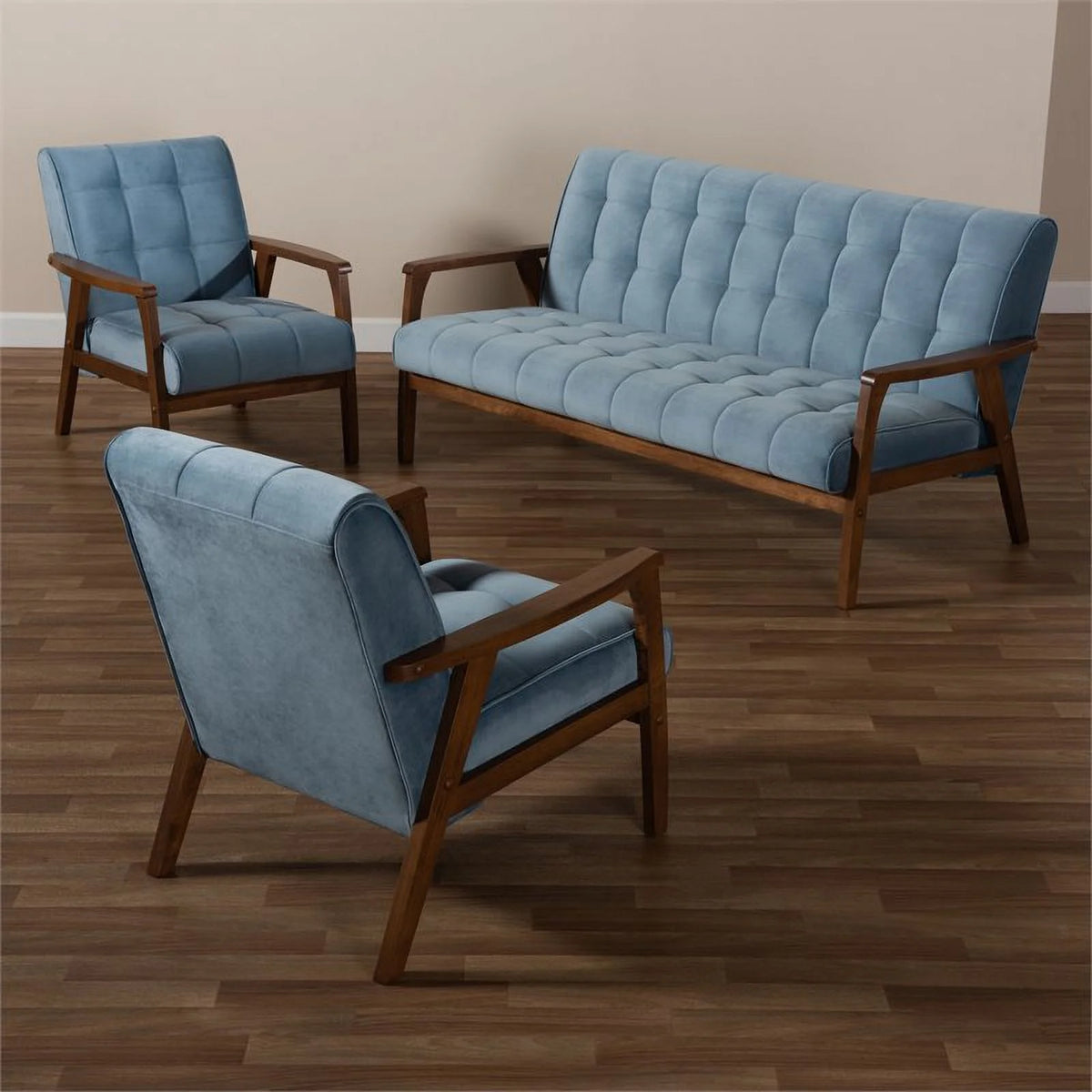 Light Blue Velvet Upholstered Wood 3-Piece Living Room Set O98288