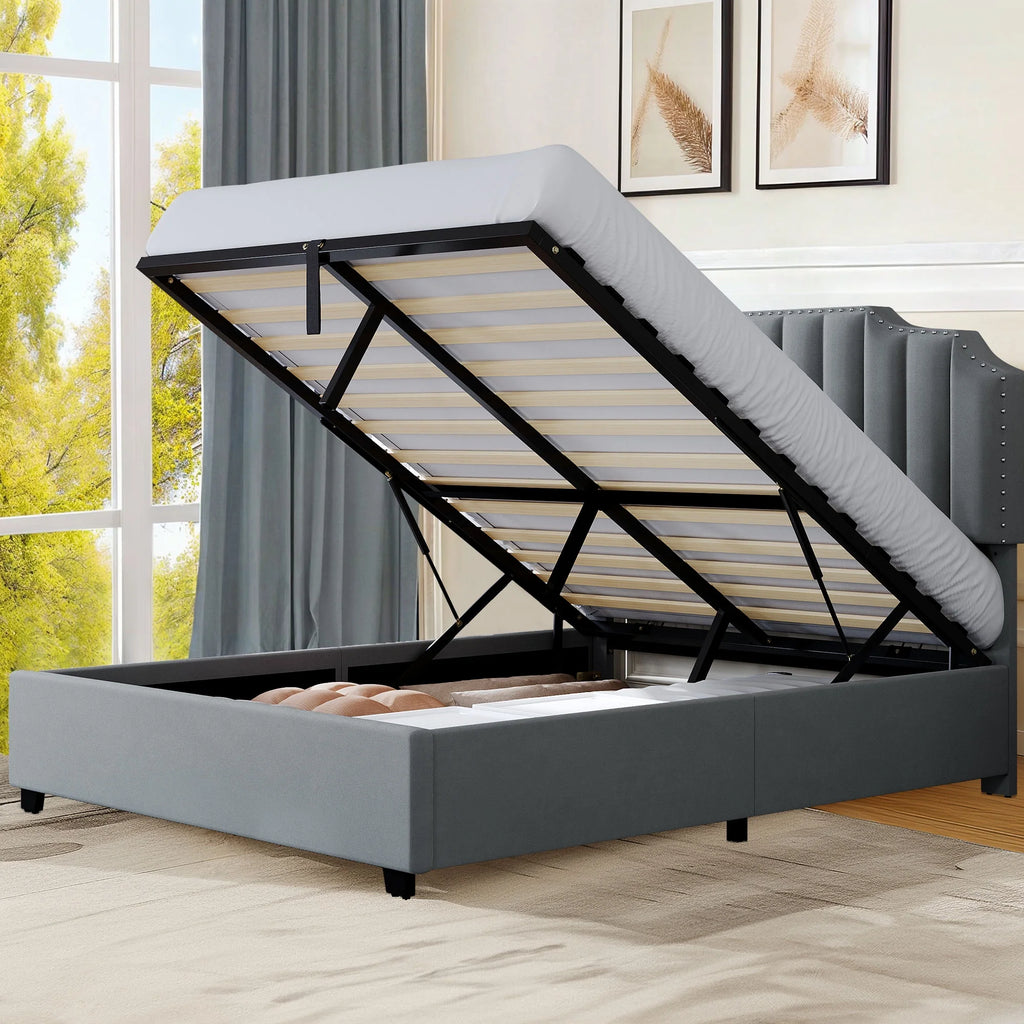 King Lift Up Storage Velvet Upholstered Platform Bed Frame N4646
