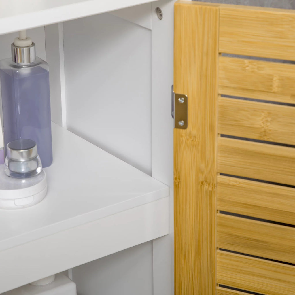 Bathroom Floor Cabinet with Bamboo Doors, Adjustable Shelves, White and Natural Z425