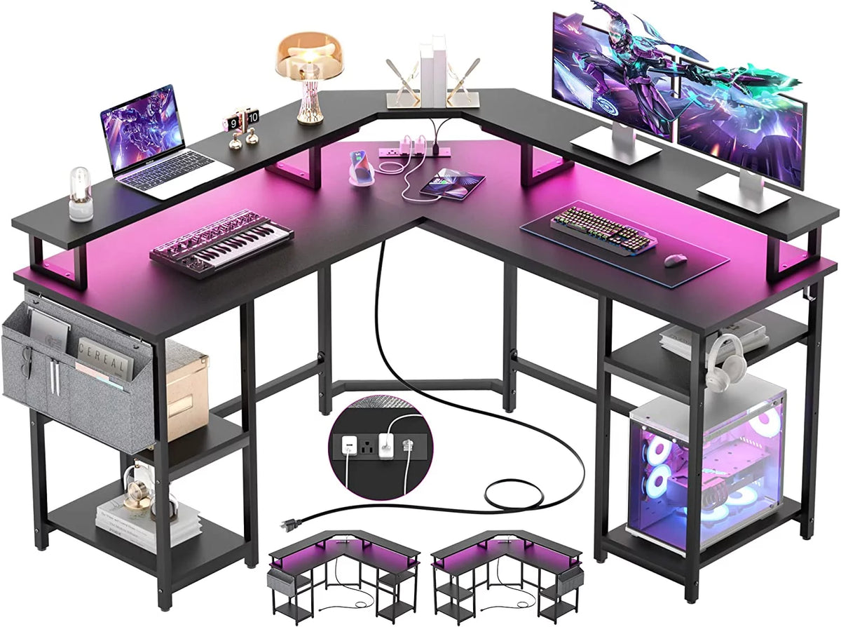 Black L Shaped Computer Desk with Power Outlet and LED Light A9311