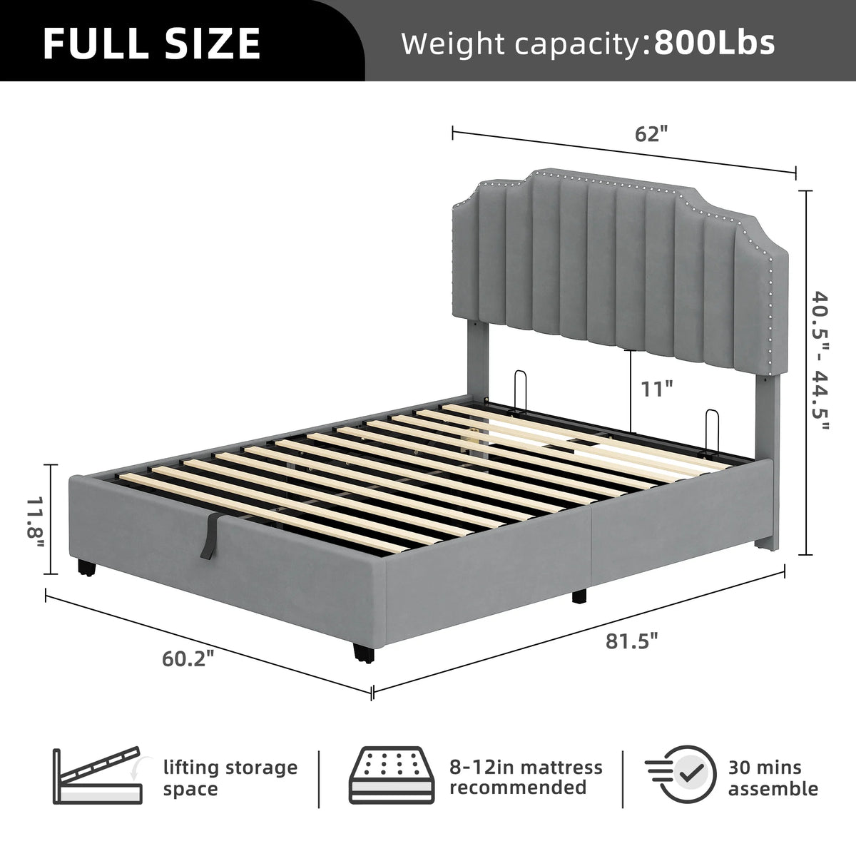 King Lift Up Storage Velvet Upholstered Platform Bed Frame N4646