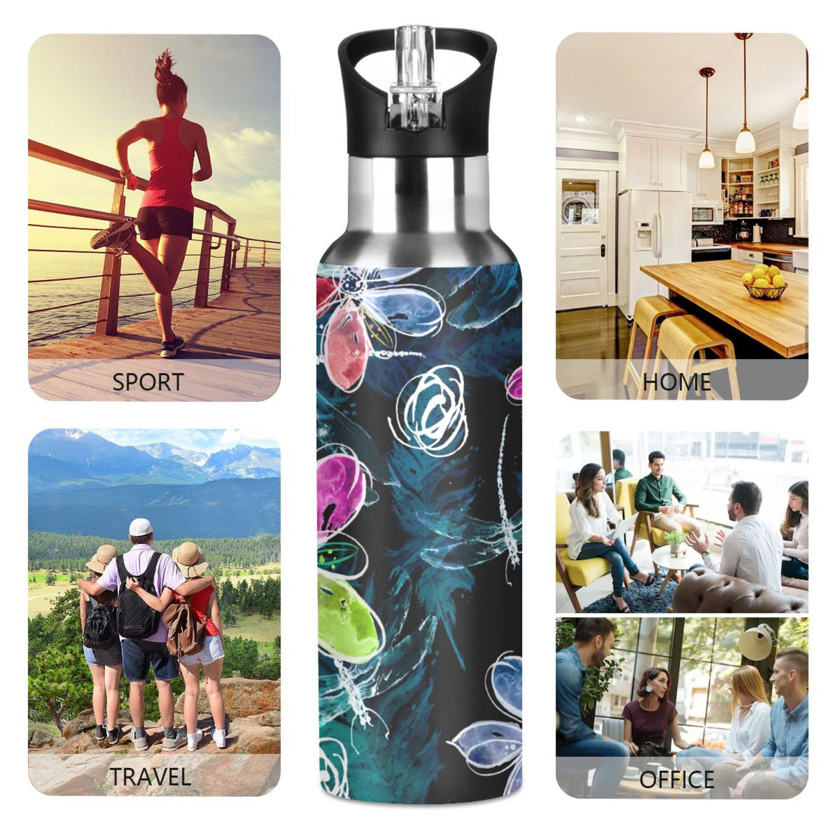 Stainless Steel Insulated Thermos Vacuum Flask Water Bottle with Straw Lid W950663