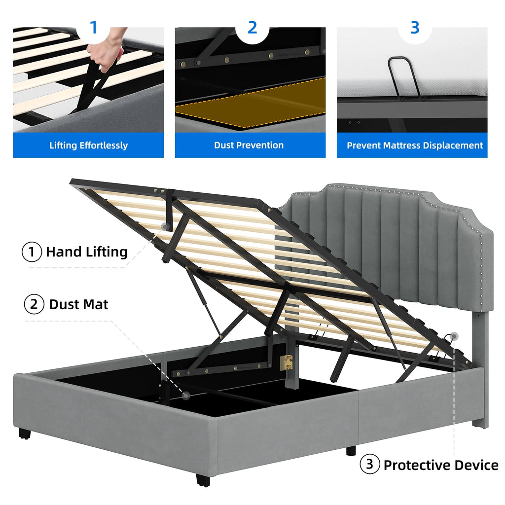 King Lift Up Storage Velvet Upholstered Platform Bed Frame N4646