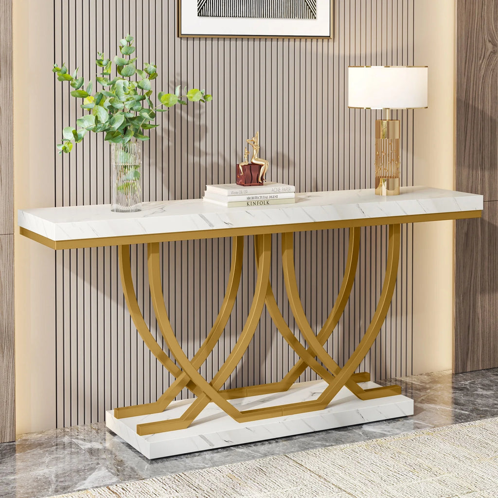 59" Faux Marble Console Table with Gold Base M6584